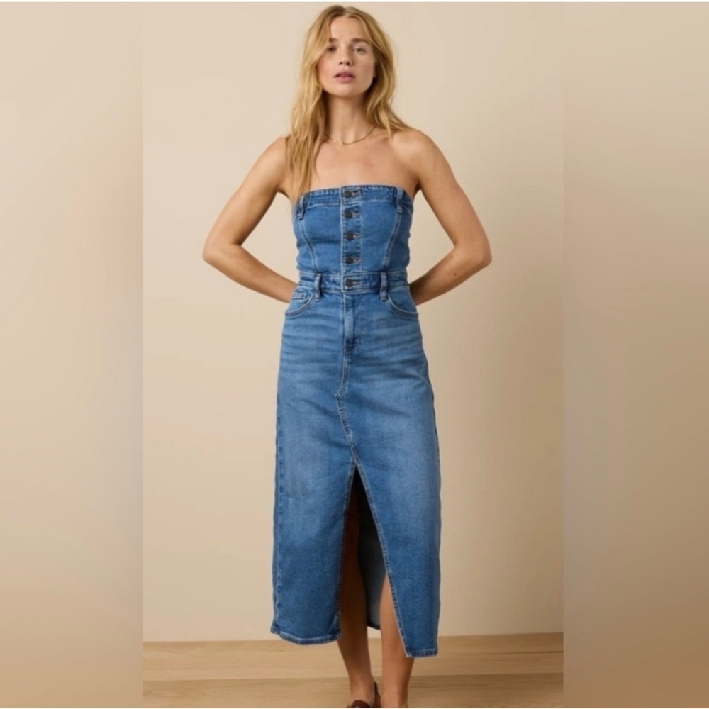AMERICAN EAGLE OUTFITTERS Denim Strapless Tube Midi Dress Size 14 - Picture 3 of 11